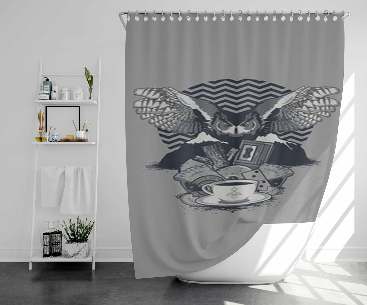 Twin Peaks Grey Montage Bathroom Shower Curtain Fabric Waterproof | 66 X 72 Inch