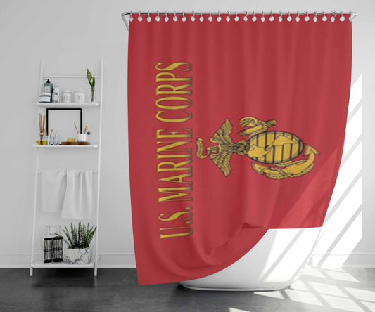Usmc Logo On Red Bathroom Shower Curtain Fabric Waterproof | 66 X 72 Inch