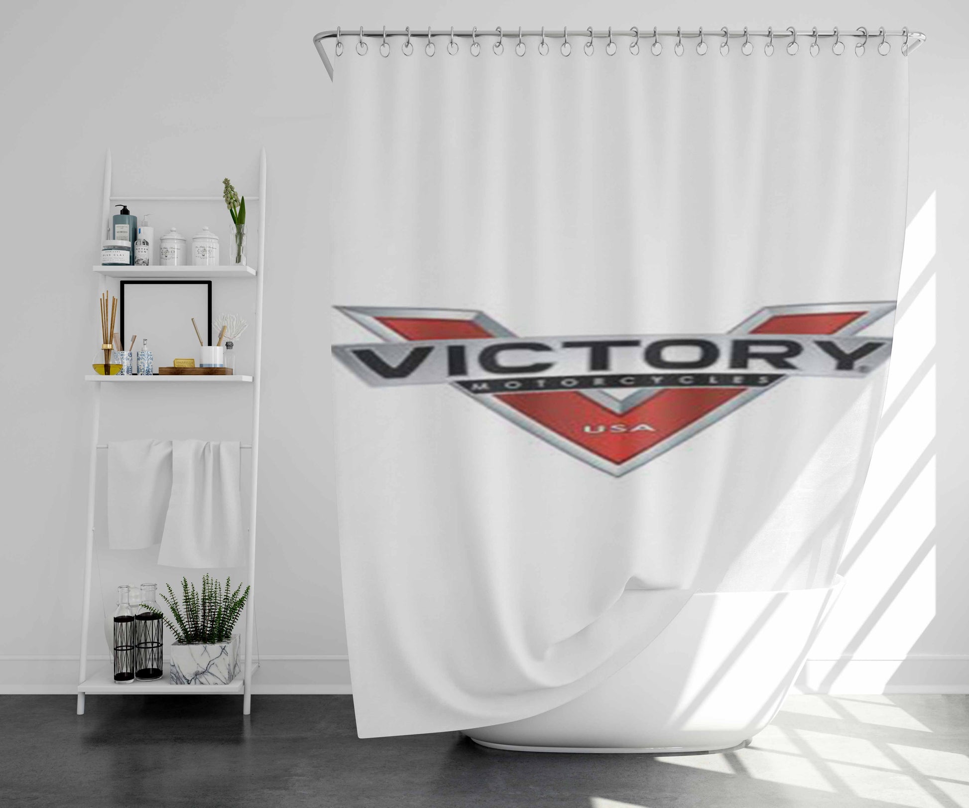 Victory Motor Cycles White Bathroom Shower Curtain Fabric Waterproof | 66 X 72 Inch