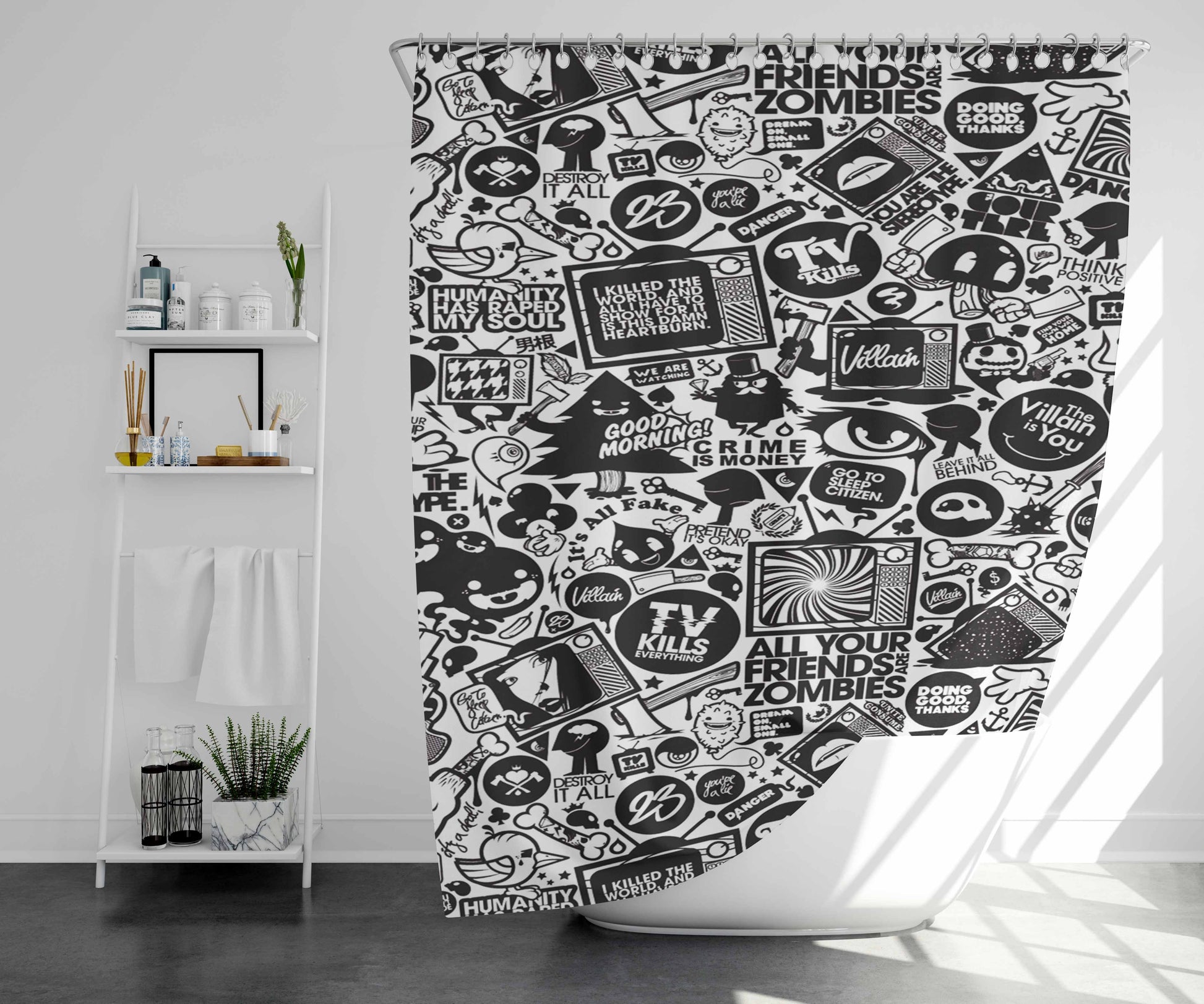 Villain Characters And Logo Collage Bathroom Shower Curtain Fabric Waterproof | 66 X 72 Inch