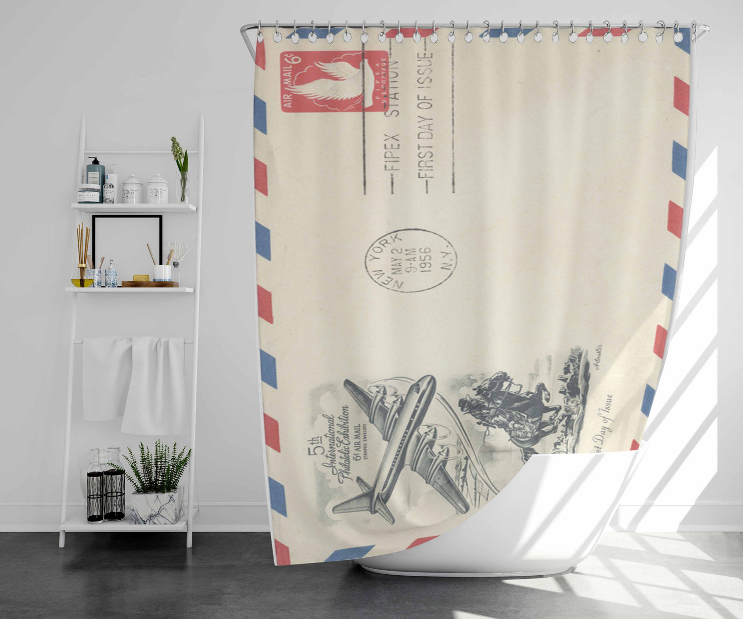 Vintage Airmail Envelope Bathroom Shower Curtain Fabric Waterproof | 66 X 72 Inch