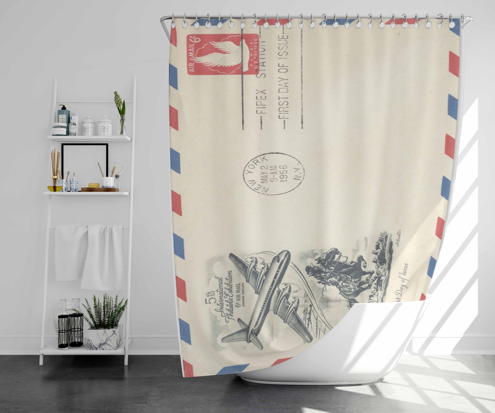 Vintage Airmail Envelope Bathroom Shower Curtain Fabric Waterproof | 66 X 72 Inch