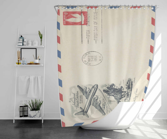 Vintage Airmail Envelope Bathroom Shower Curtain Fabric Waterproof | 66 X 72 Inch