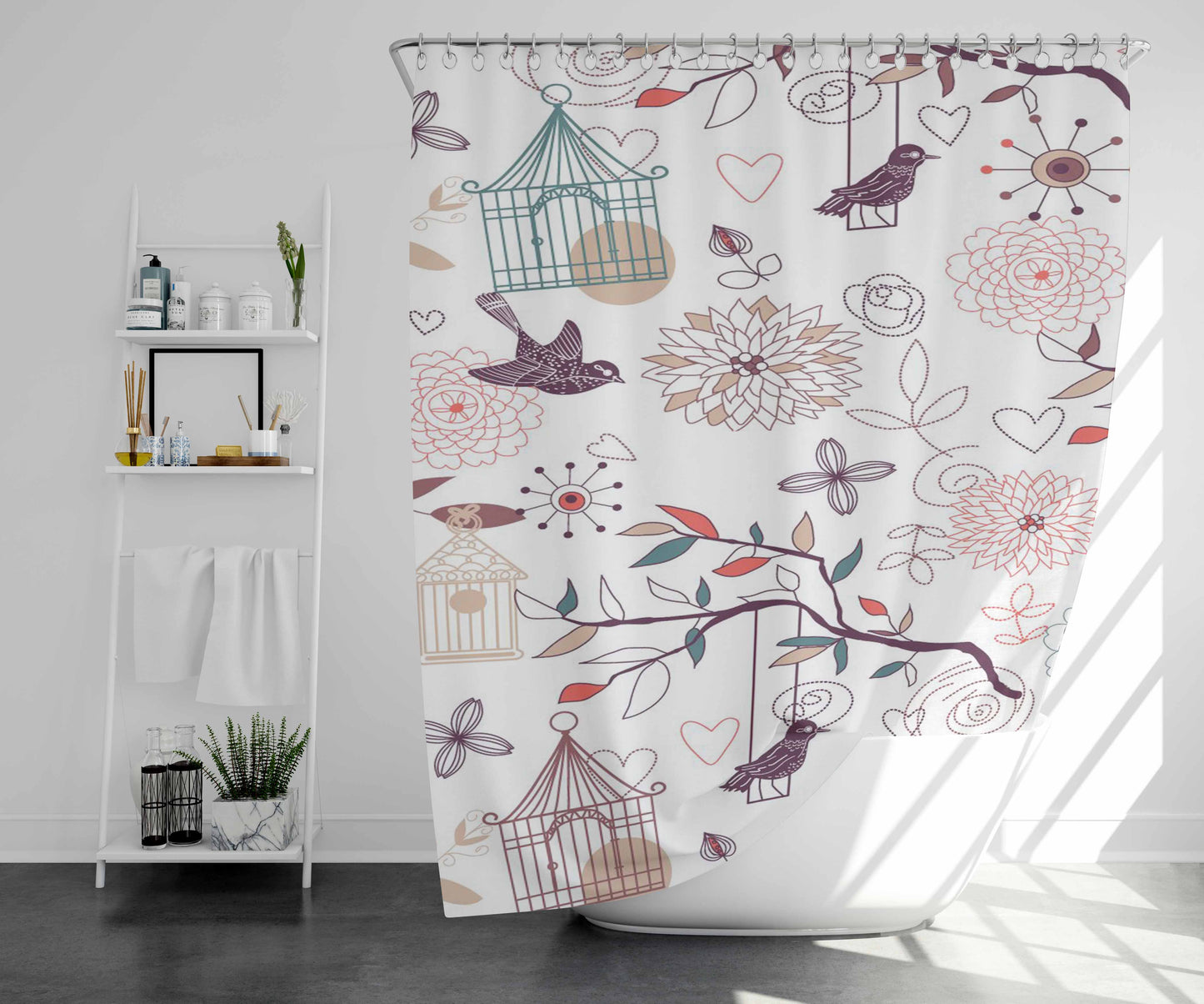 Vintage Birds Patterns Bathroom Shower Curtain Fabric Waterproof | 66 X 72 Inch