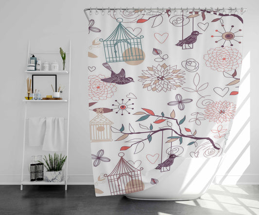 Vintage Birds Patterns Bathroom Shower Curtain Fabric Waterproof | 66 X 72 Inch
