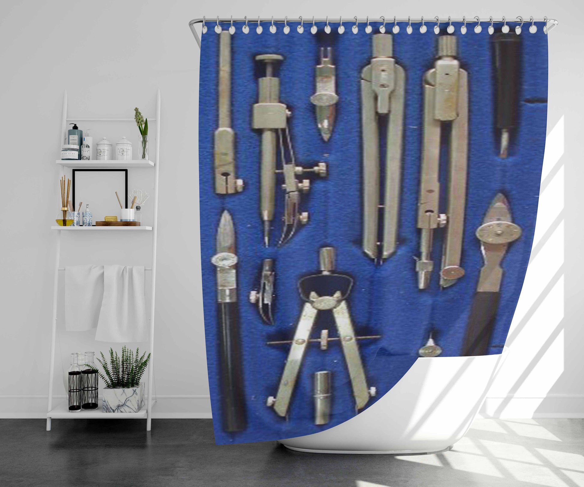Vintage Blue Drafting Box Bathroom Shower Curtain Fabric Waterproof | 66 X 72 Inch
