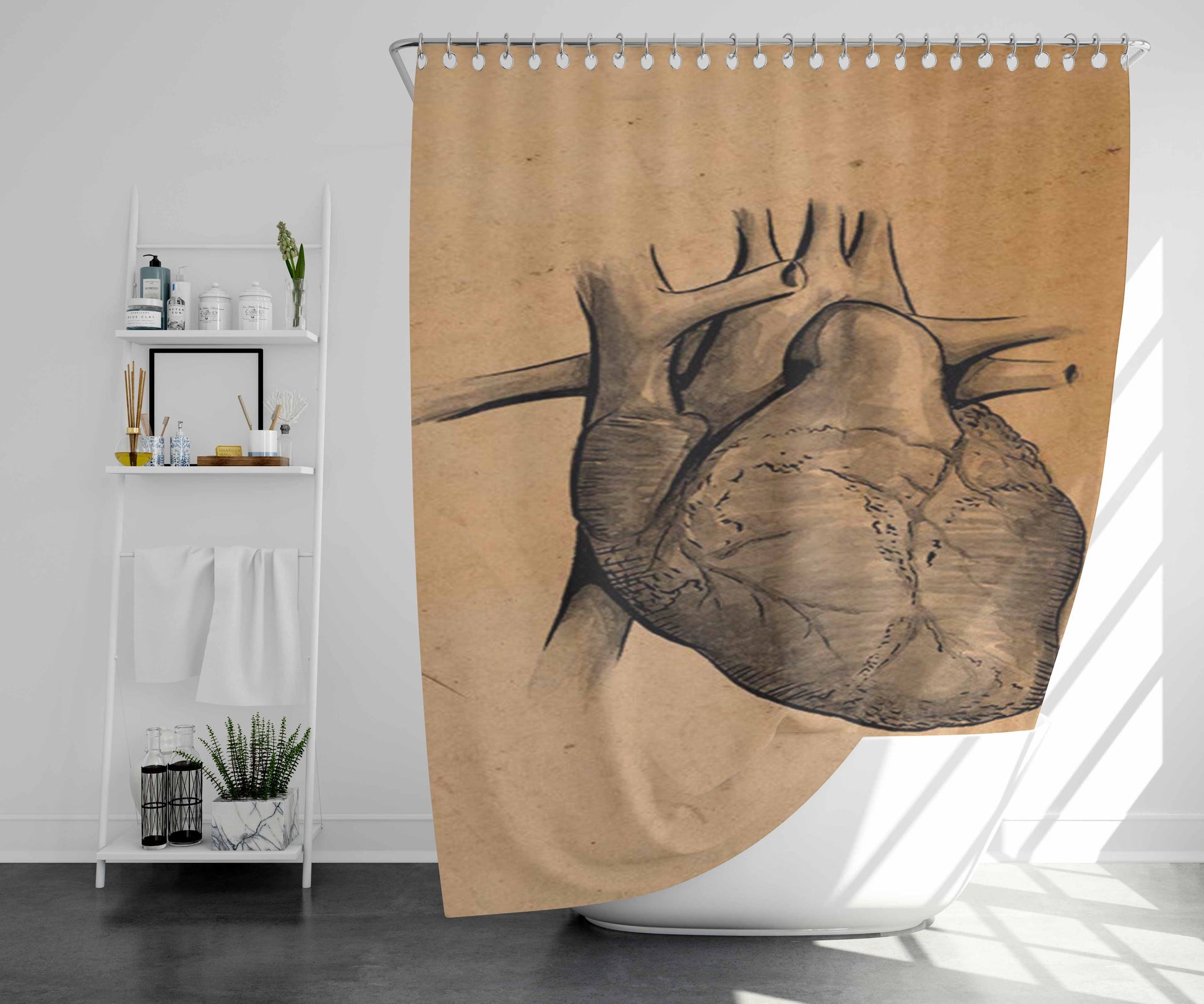 Vintage Heart Medical Illustration Bathroom Shower Curtain Fabric Waterproof | 66 X 72 Inch