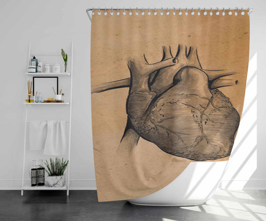 Vintage Heart Medical Illustration Bathroom Shower Curtain Fabric Waterproof | 66 X 72 Inch