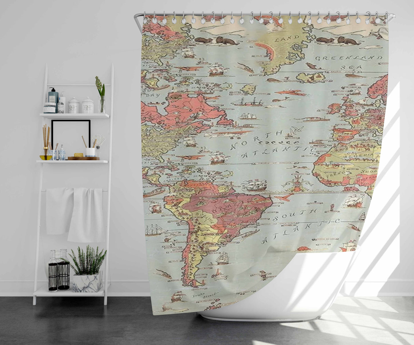 Vintage Map Bathroom Shower Curtain Fabric Waterproof | 66 X 72 Inch