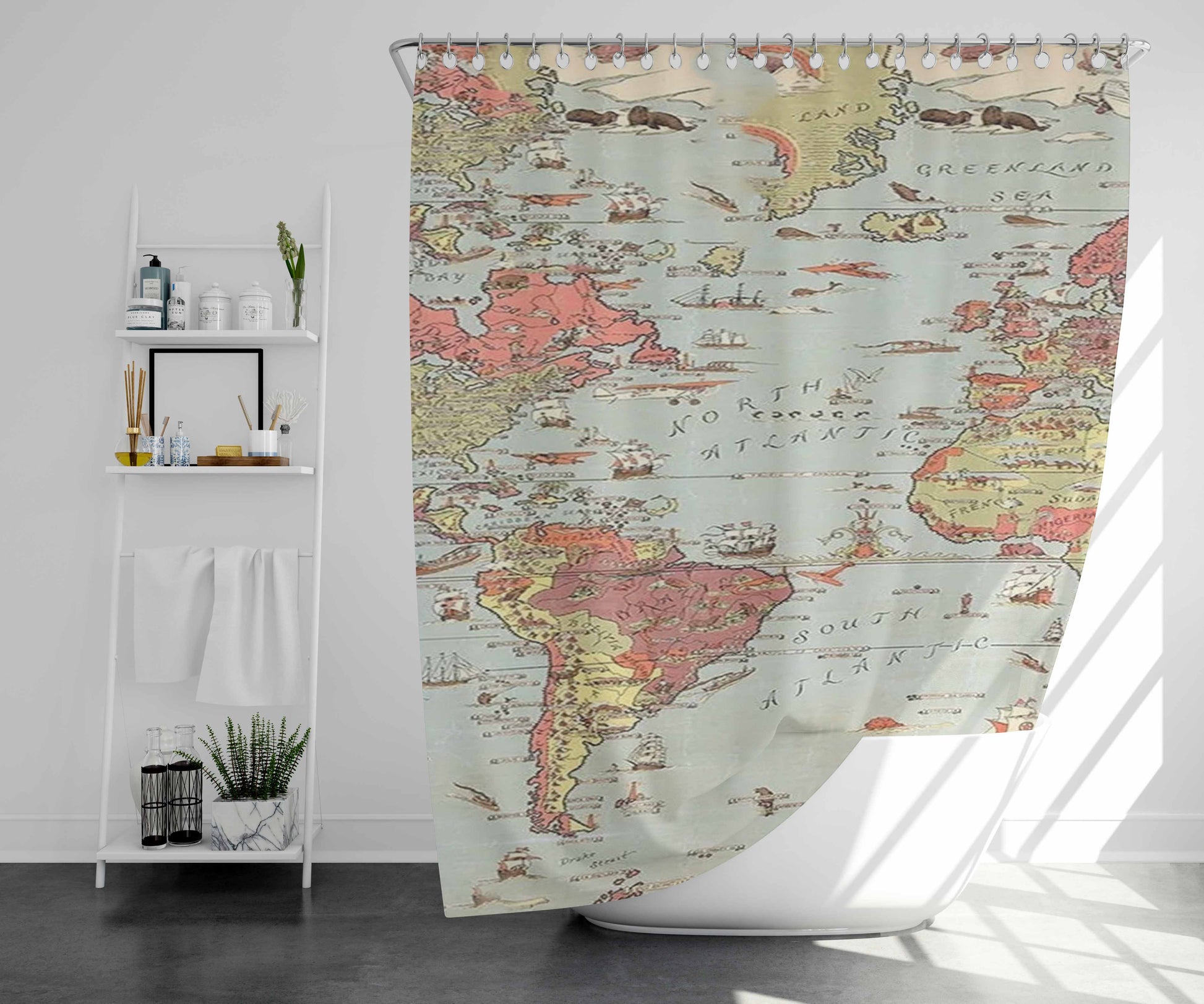 Vintage Map Bathroom Shower Curtain Fabric Waterproof | 66 X 72 Inch