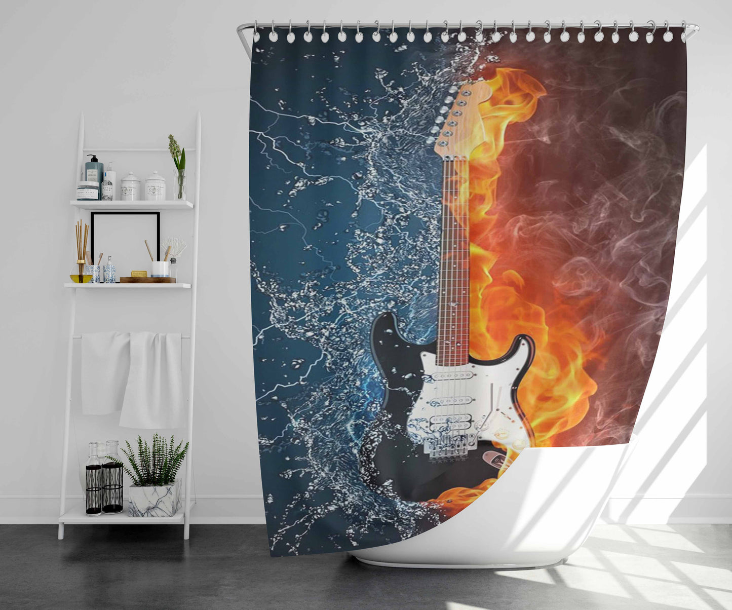 Water And Fire Guitar- Bathroom Shower Curtain Fabric Waterproof | 66 X 72 Inch