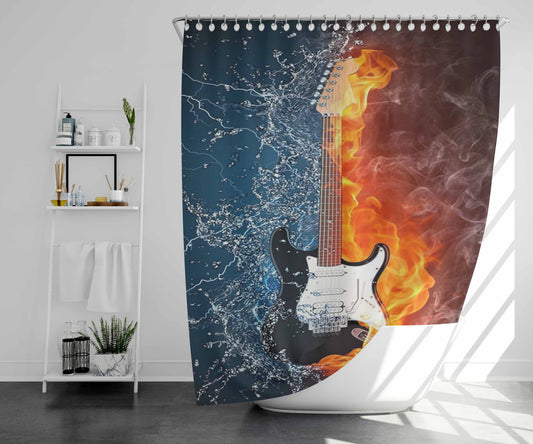Water And Fire Guitar- Bathroom Shower Curtain Fabric Waterproof | 66 X 72 Inch