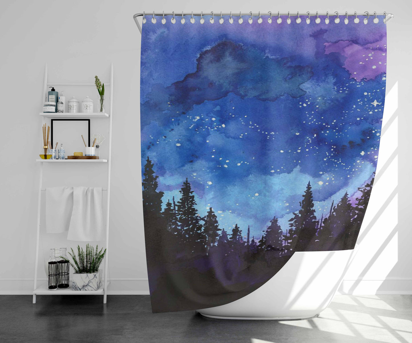 Water Colour Blue Spind Bathroom Shower Curtain Fabric Waterproof | 66 X 72 Inch
