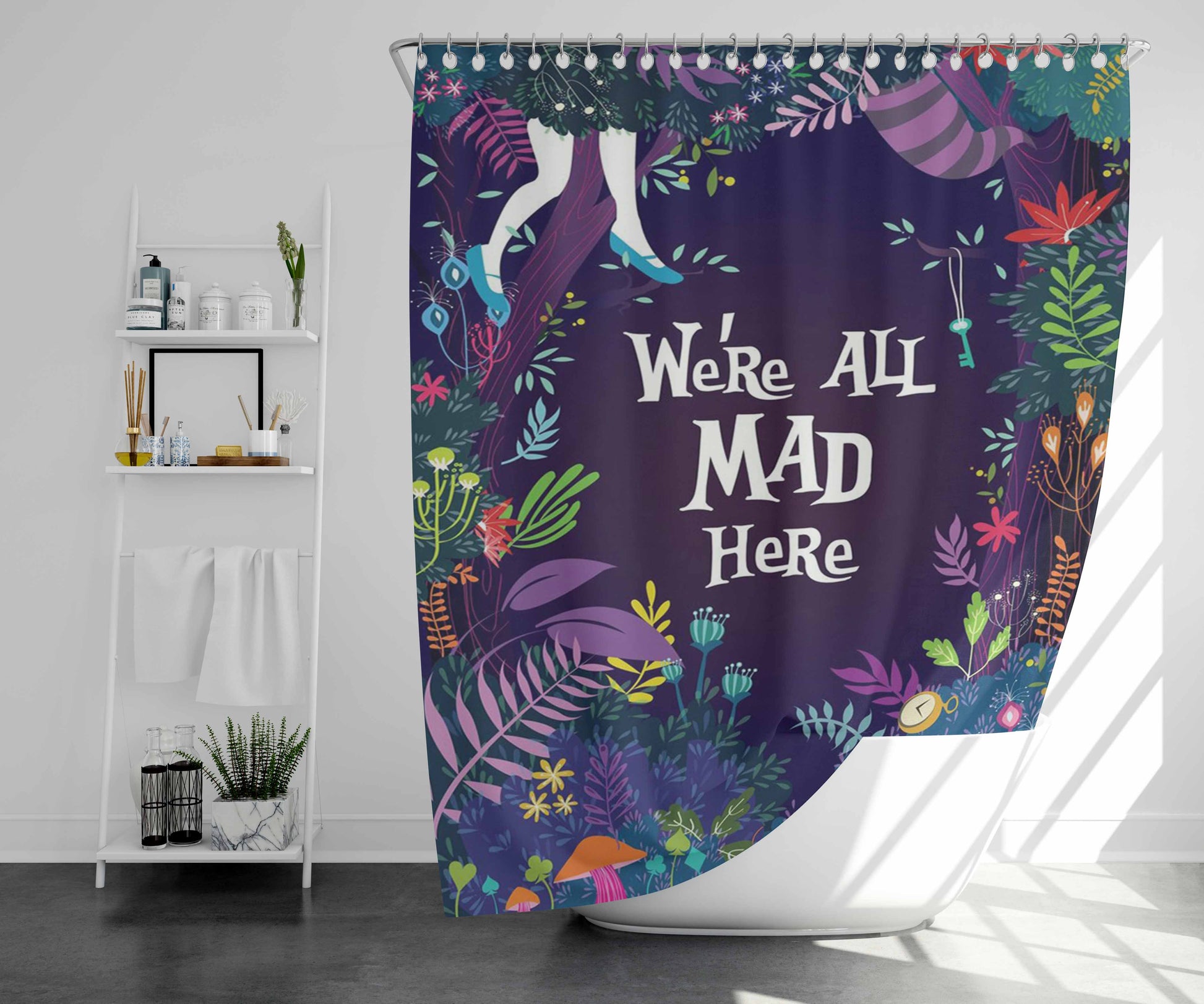 We Are All Mad Here Black Bathroom Shower Curtain Fabric Waterproof | 66 X 72 Inch