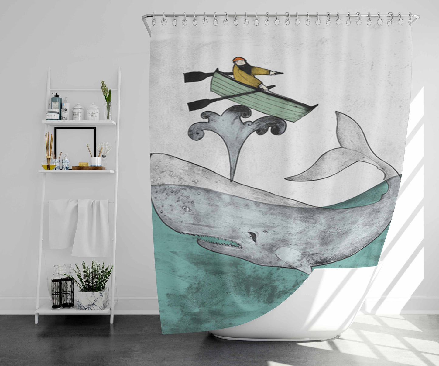 Whale White 2 Bathroom Shower Curtain Fabric Waterproof | 66 X 72 Inch
