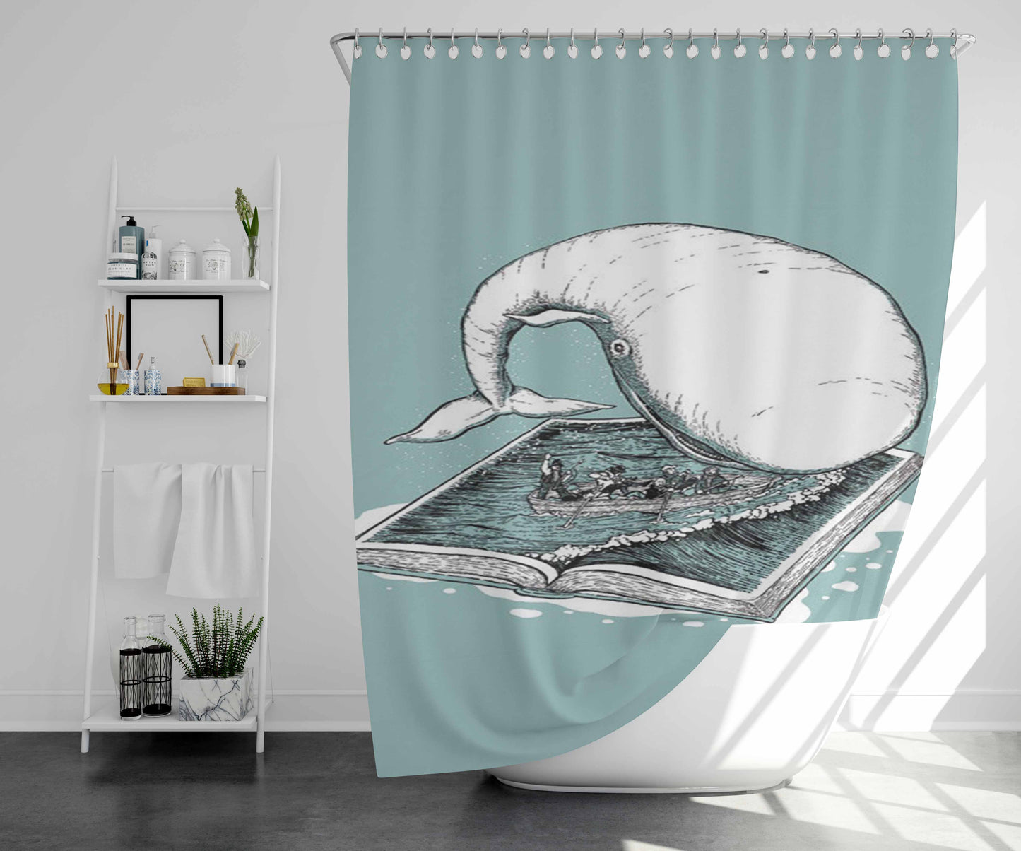 Whale White Bathroom Shower Curtain Fabric Waterproof | 66 X 72 Inch