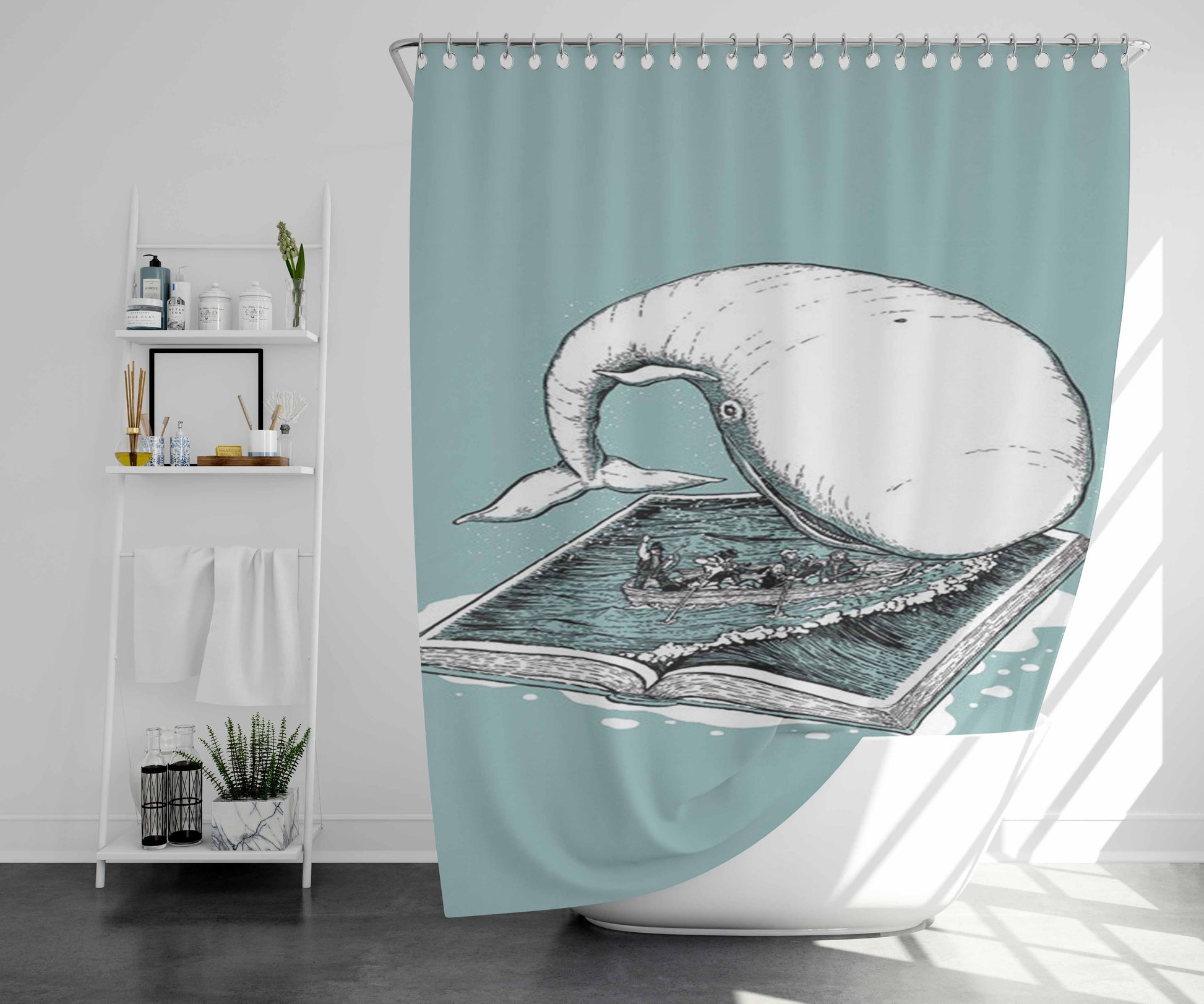 Whale White Bathroom Shower Curtain Fabric Waterproof | 66 X 72 Inch