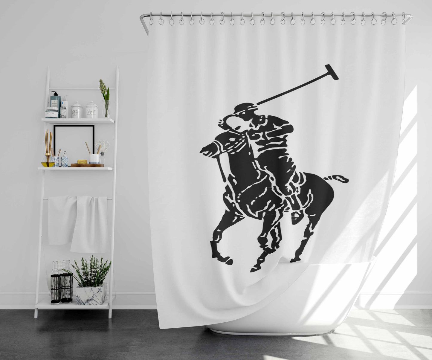 White Black Polo Ralph Lauren Logo Bathroom Shower Curtain Fabric Waterproof | 66 X 72 Inch