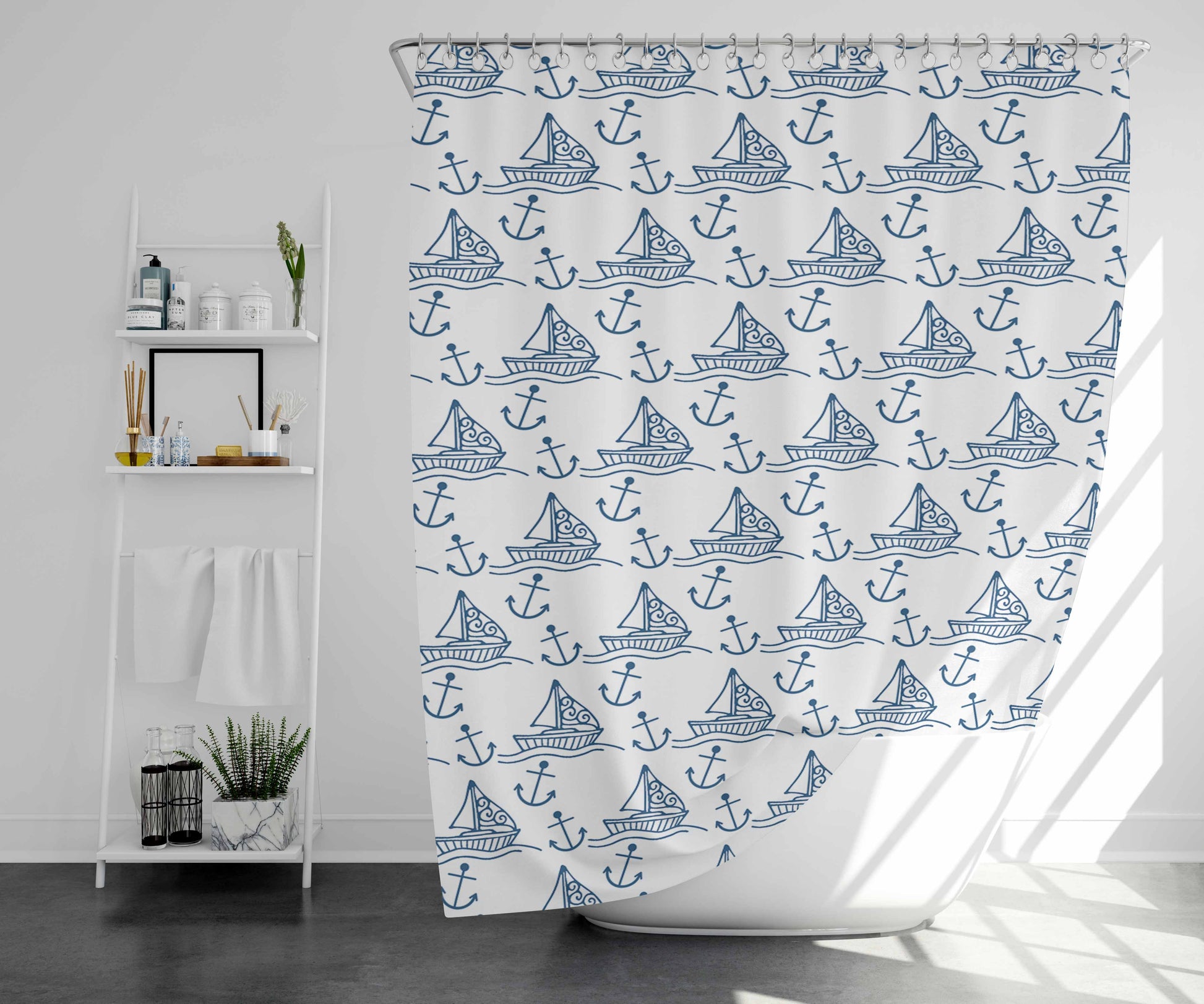White Blue Sailor Ship Pattern Bathroom Shower Curtain Fabric Waterproof | 66 X 72 Inch