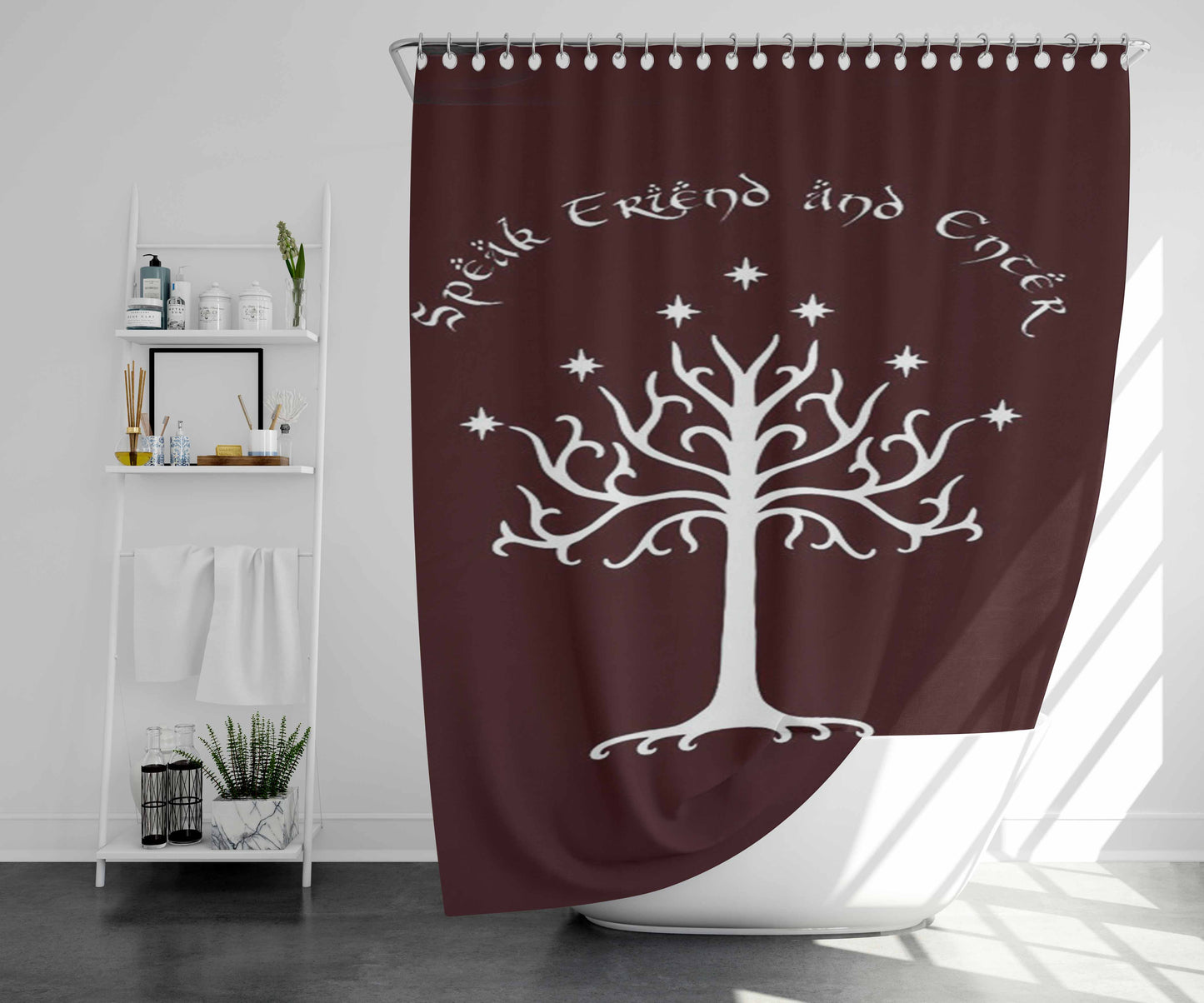 White Tree Speak Friend And Enter Bathroom Shower Curtain Fabric Waterproof | 66 X 72 Inch