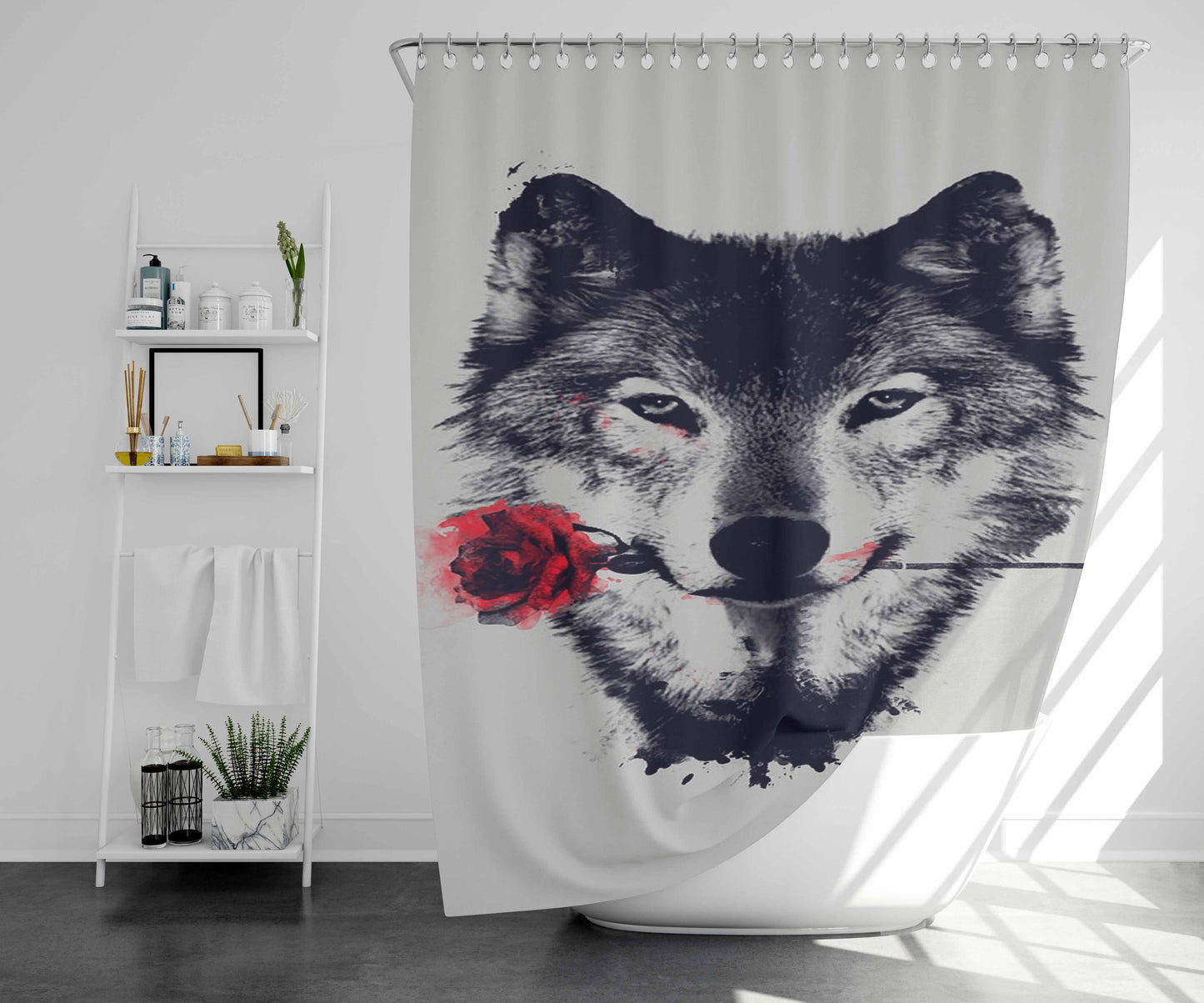 Wolf Red Flower Bathroom Shower Curtain Fabric Waterproof | 66 X 72 Inch