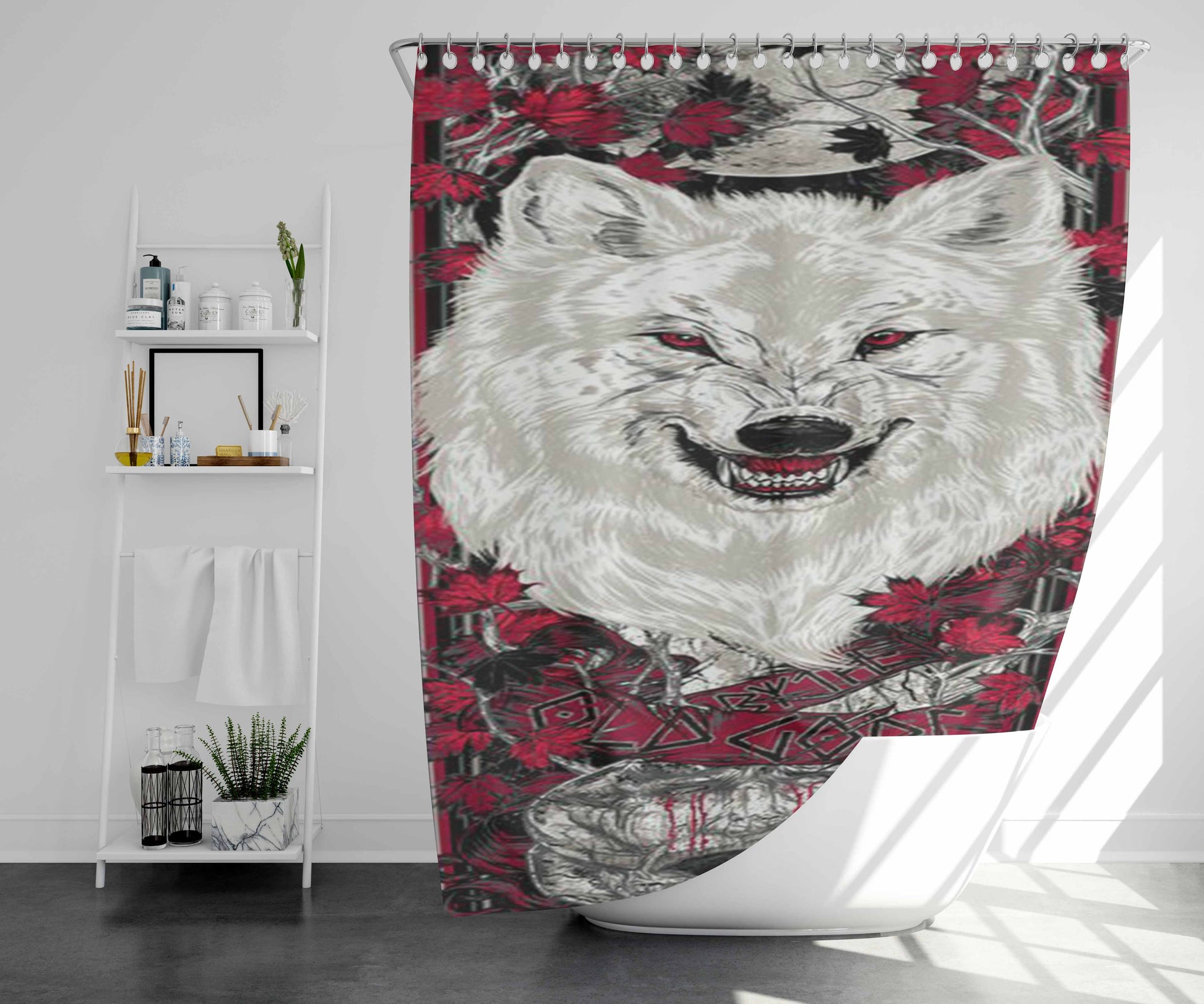 Wolf White Flower Bathroom Shower Curtain Fabric Waterproof | 66 X 72 Inch