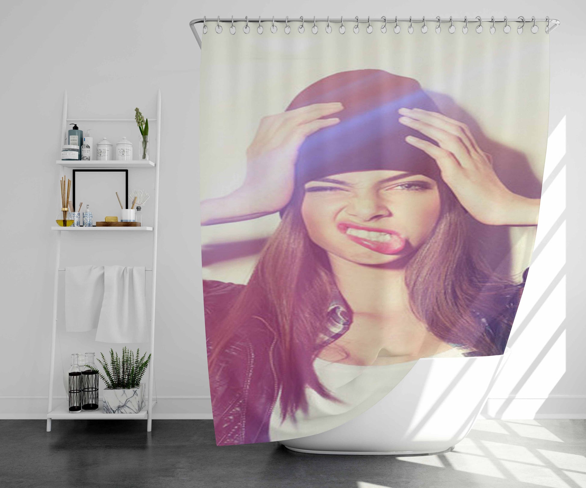 Zazz Girl Hat Pose Bathroom Shower Curtain Fabric Waterproof | 66 X 72 Inch