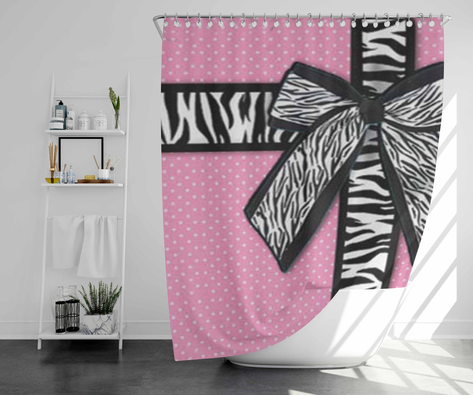 Zebra Ribbon On Pink Bathroom Shower Curtain Fabric Waterproof | 66 X 72 Inch