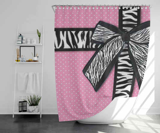 Zebra Ribbon On Pink Bathroom Shower Curtain Fabric Waterproof | 66 X 72 Inch