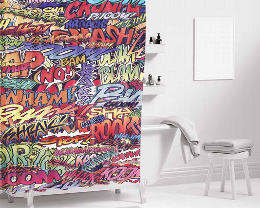 Action Packed Pow Comic Stickerbomb Bathroom Shower Curtain Fabric Waterproof | 66 X 72 Inch