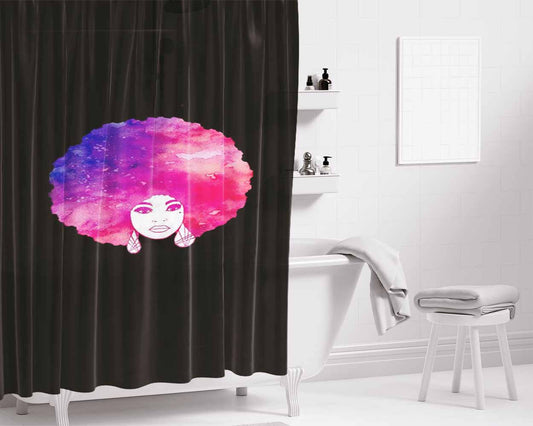 Afro Art Watercolour Pink Purple Bathroom Shower Curtain Fabric Waterproof | 66 X 72 Inch