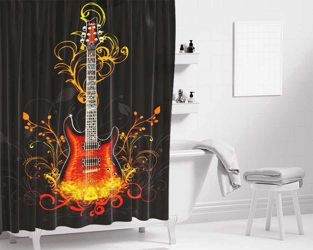 Artistic Guitar Bathroom Shower Curtain Fabric Waterproof | 66 X 72 Inch