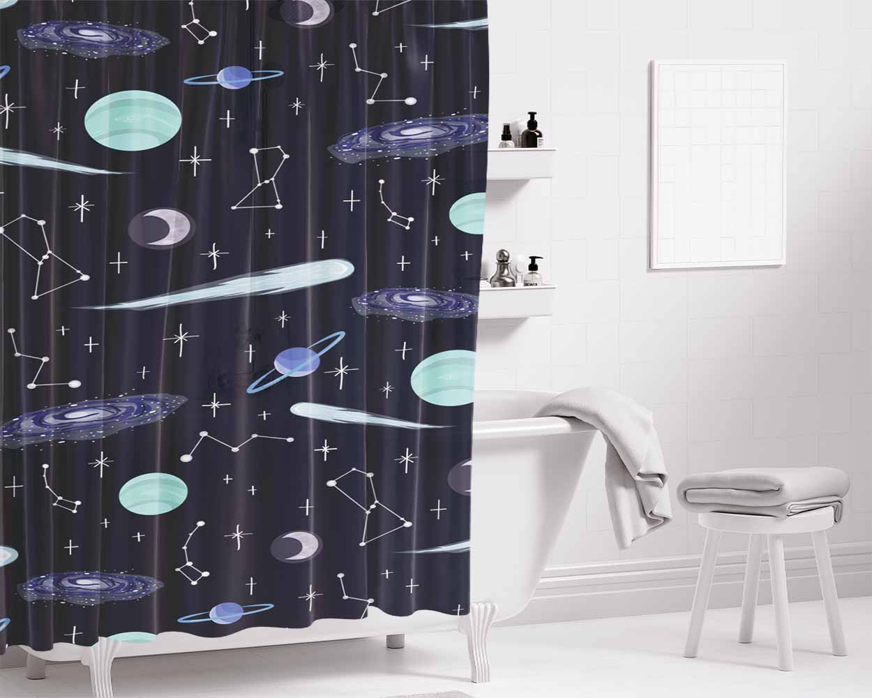 Astronomy Pattern Bathroom Shower Curtain Fabric Waterproof | 66 X 72 Inch