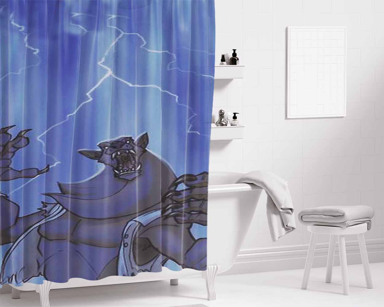 Badass Werewolf Roaring In Lightning Bathroom Shower Curtain Fabric Waterproof | 66 X 72 Inch