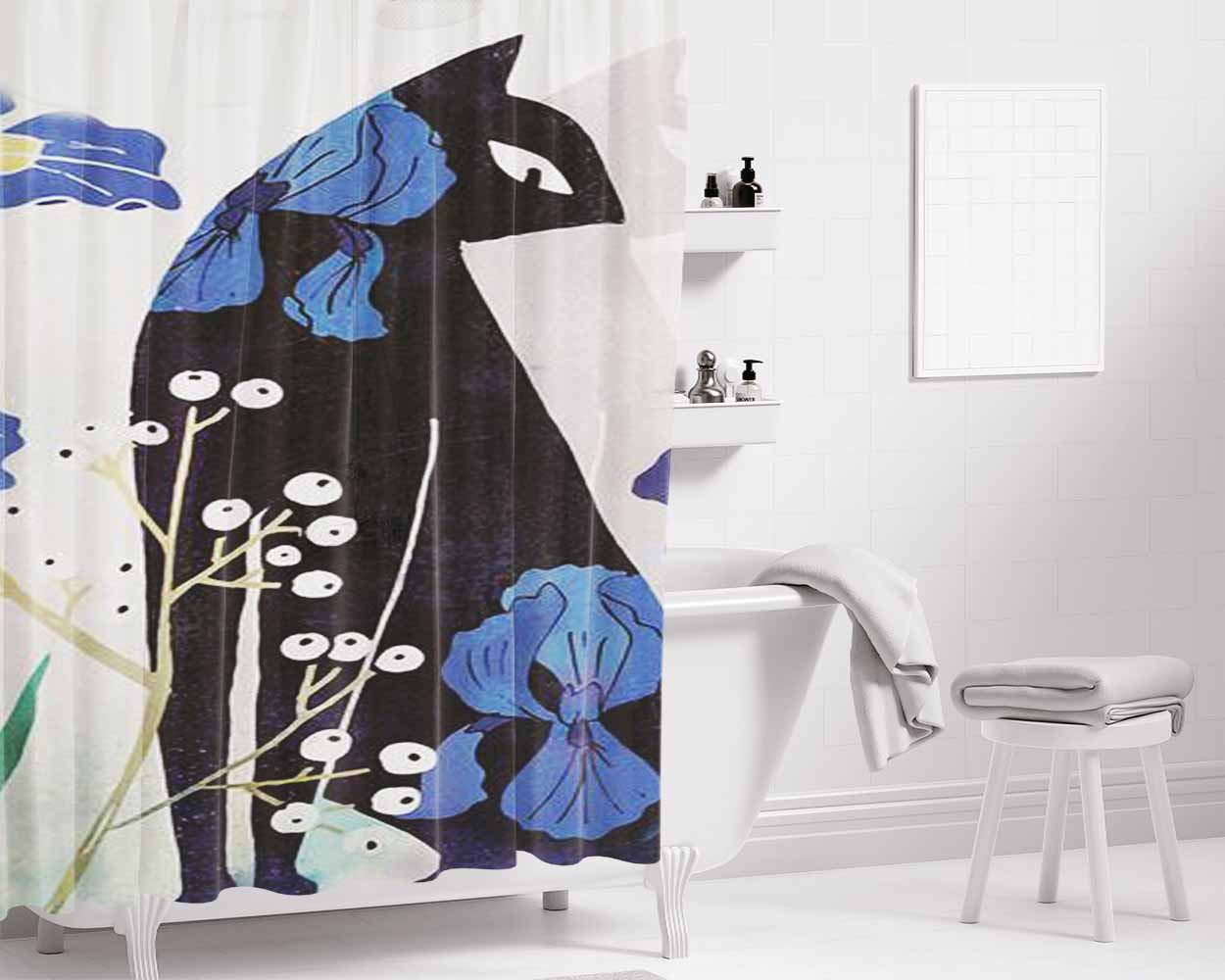 Bakeneko Bathroom Shower Curtain Fabric Waterproof | 66 X 72 Inch