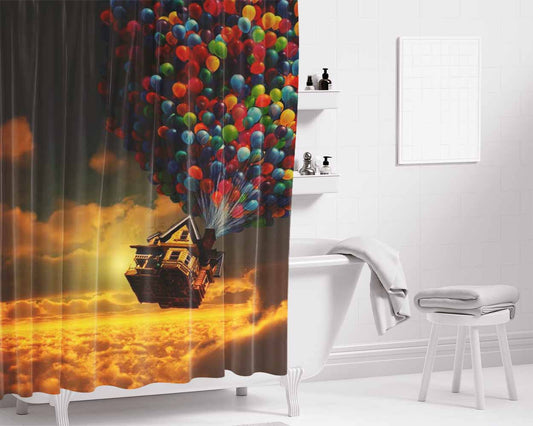 Balloons Flying House In Galaxy Nebula Bathroom Shower Curtain Fabric Waterproof | 66 X 72 Inch