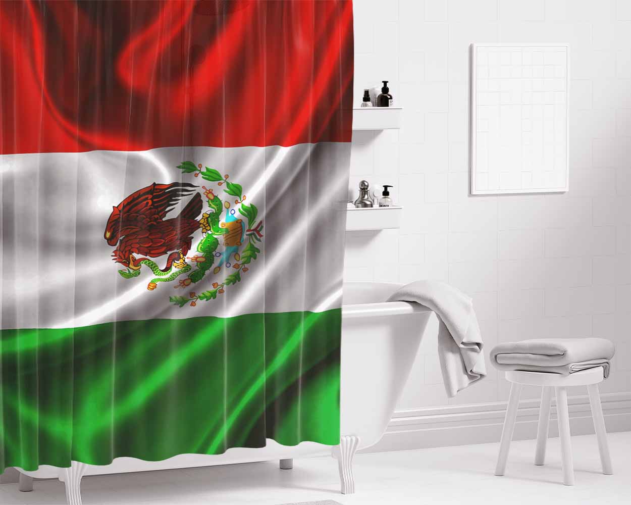 Bandera De Mexico Flag Bathroom Shower Curtain Fabric Waterproof | 66 X 72 Inch