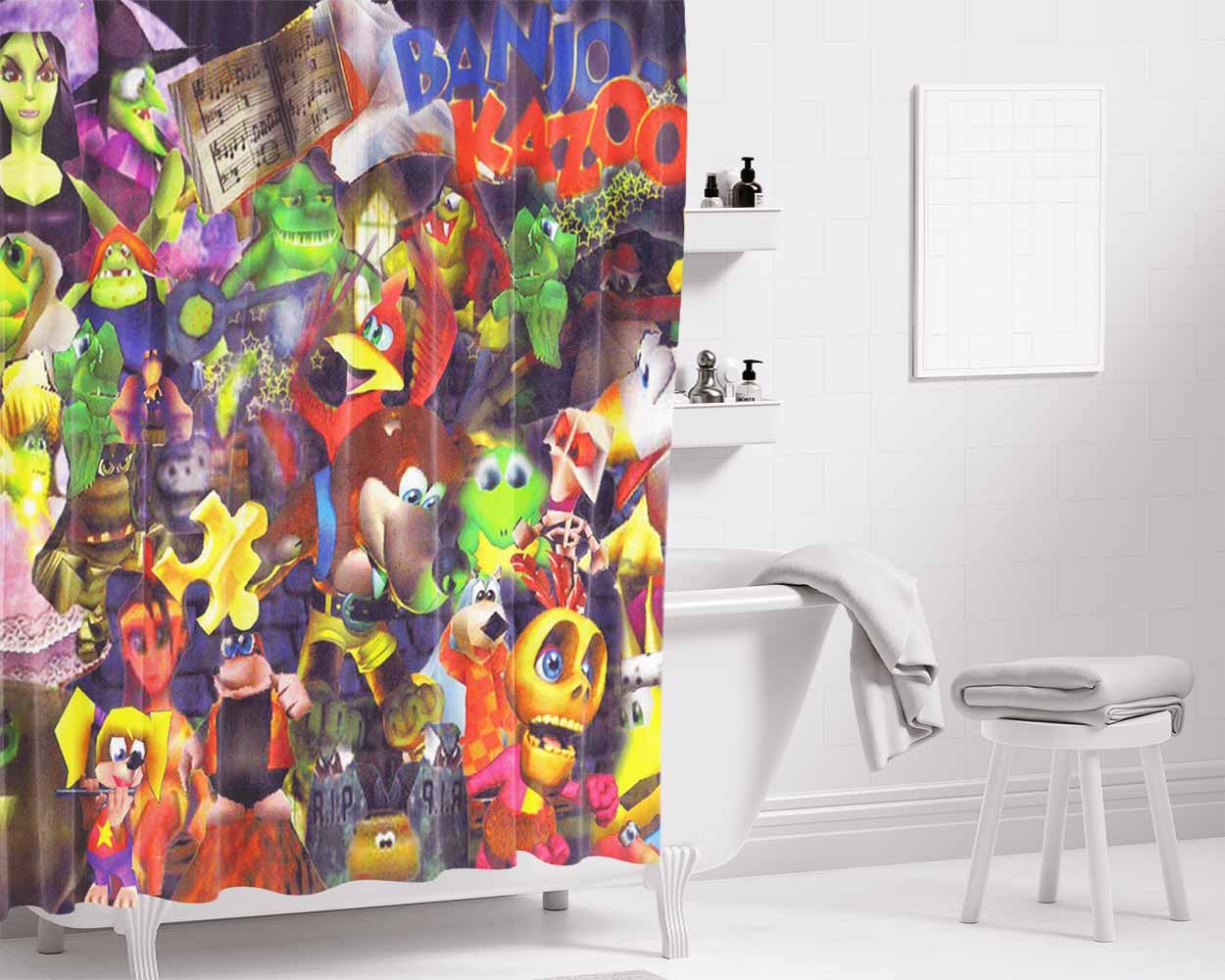 Banjo Kazooie All Characters Collage Bathroom Shower Curtain Fabric Waterproof | 66 X 72 Inch