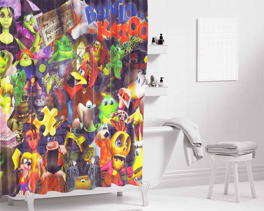 Banjo Kazooie All Characters Collage Bathroom Shower Curtain Fabric Waterproof | 66 X 72 Inch