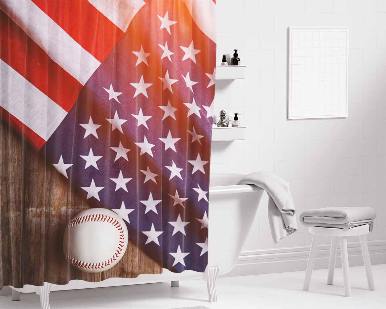 Baseball Ball And Flag Bathroom Shower Curtain Fabric Waterproof | 66 X 72 Inch