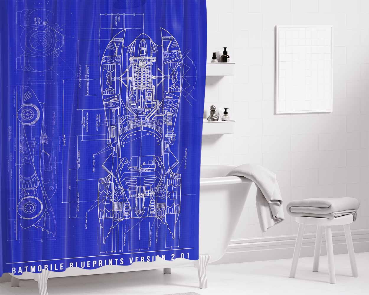Batmobile Blueprints Bathroom Shower Curtain Fabric Waterproof | 66 X 72 Inch
