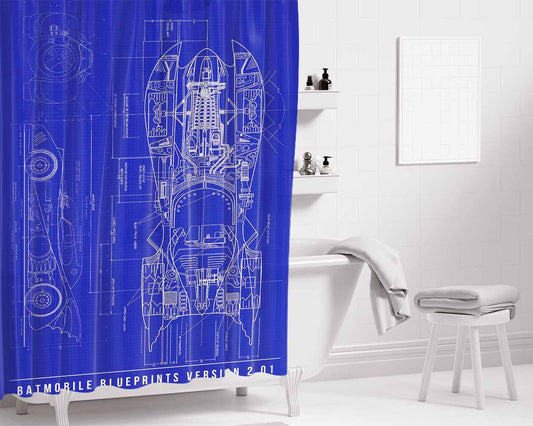 Batmobile Blueprints Bathroom Shower Curtain Fabric Waterproof | 66 X 72 Inch