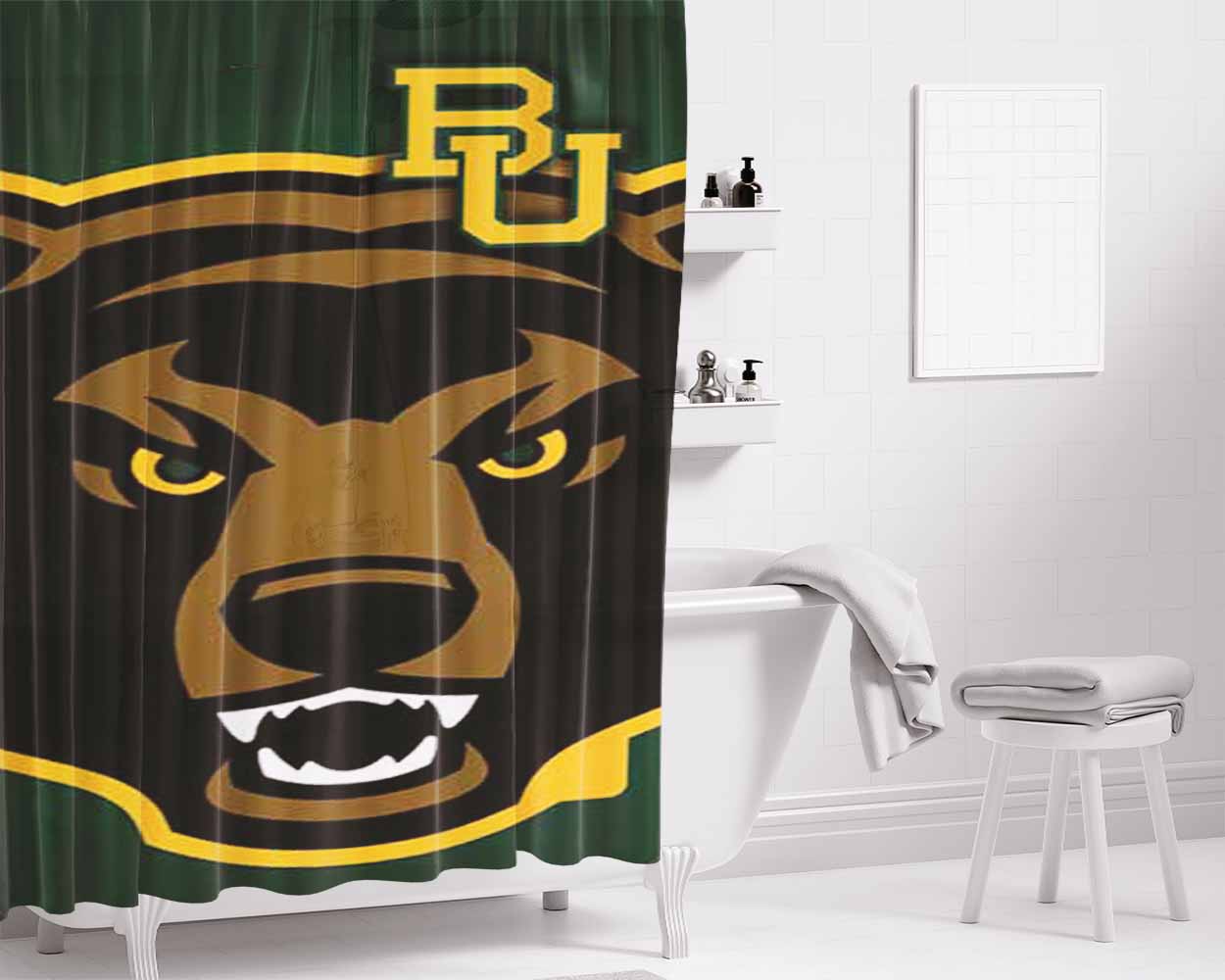 Baylor Bears Head On Green Bathroom Shower Curtain Fabric Waterproof | 66 X 72 Inch