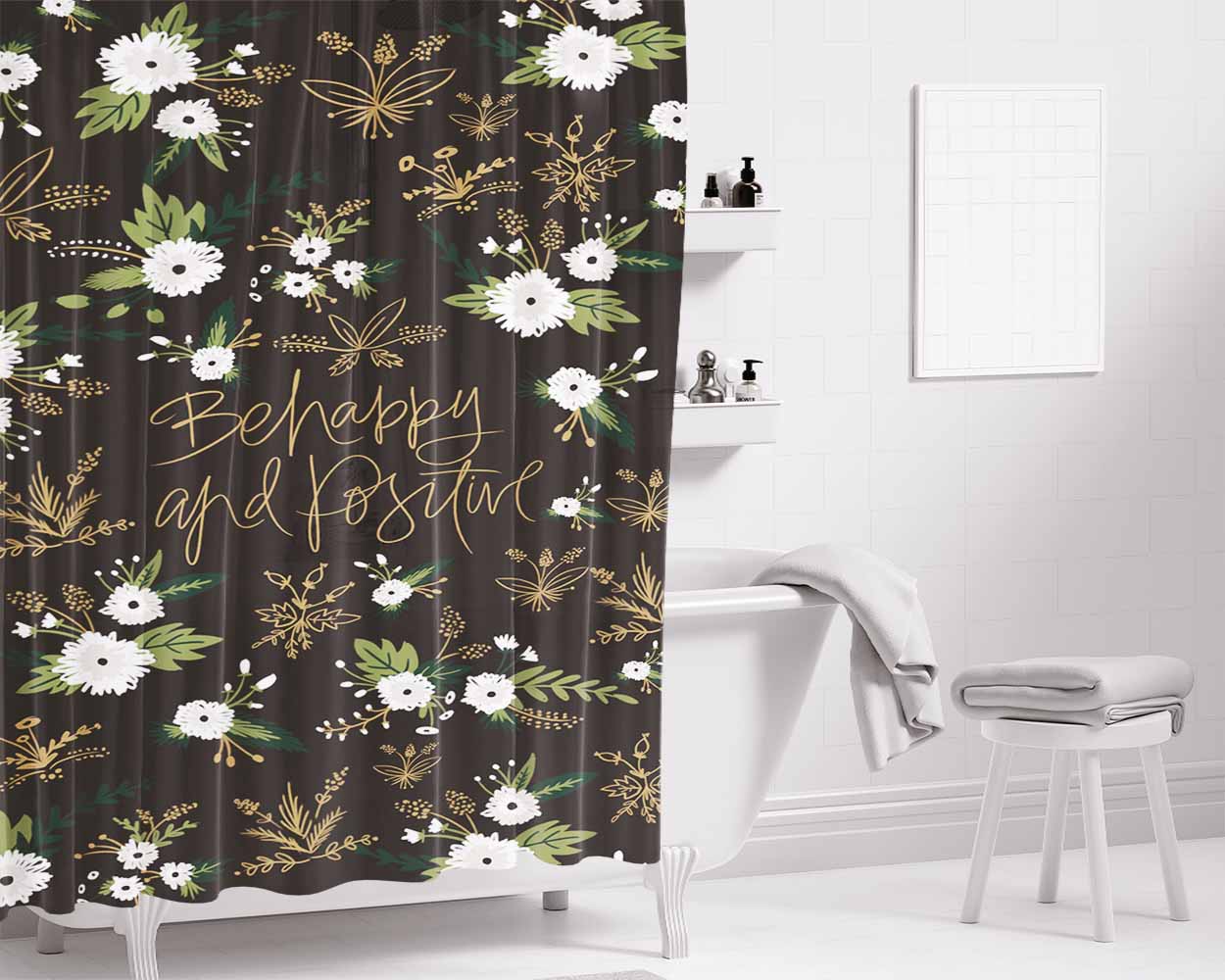 Be Happy And Positive Pattern Bathroom Shower Curtain Fabric Waterproof | 66 X 72 Inch