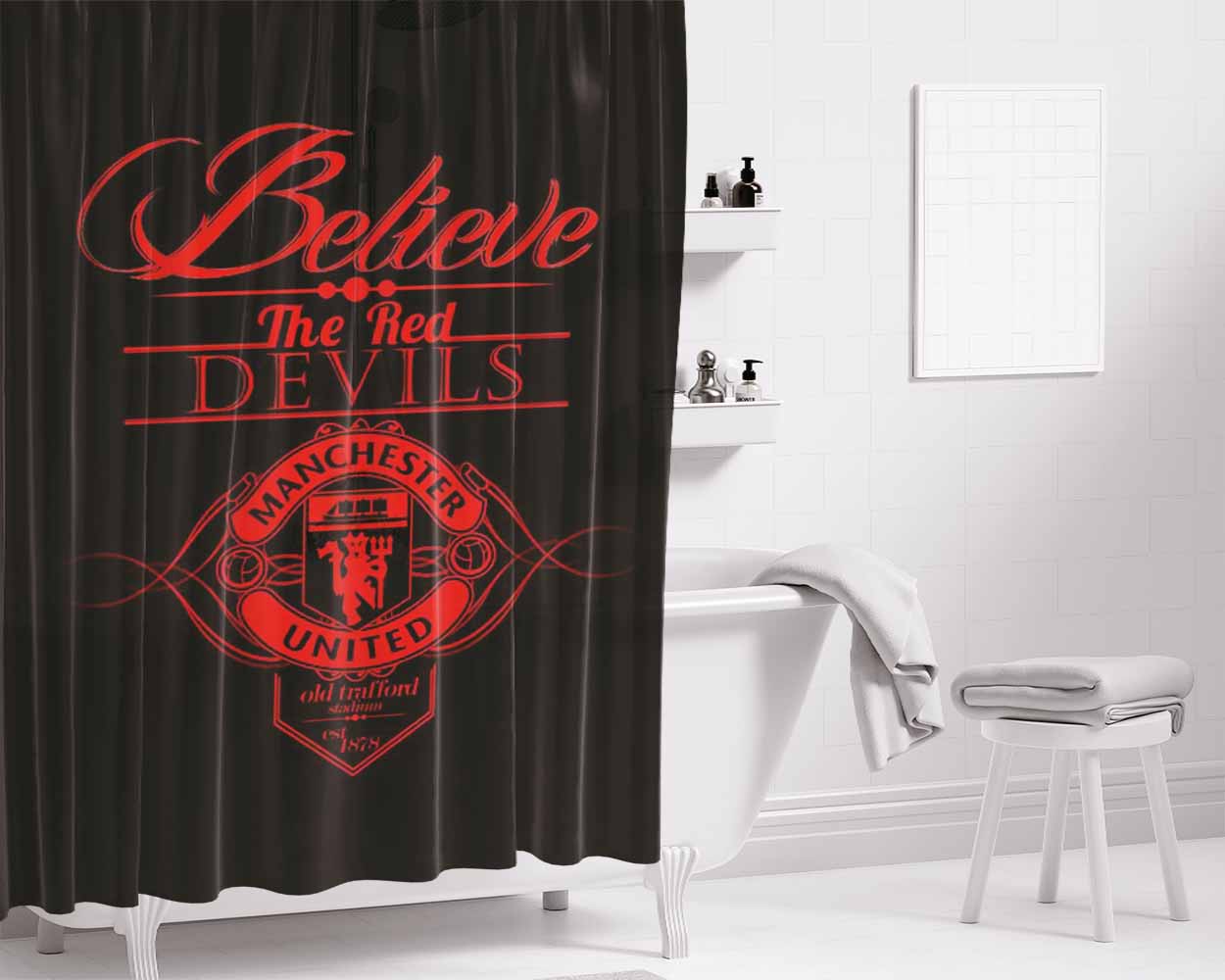 Believe The Red Devils Man United Bathroom Shower Curtain Fabric Waterproof | 66 X 72 Inch