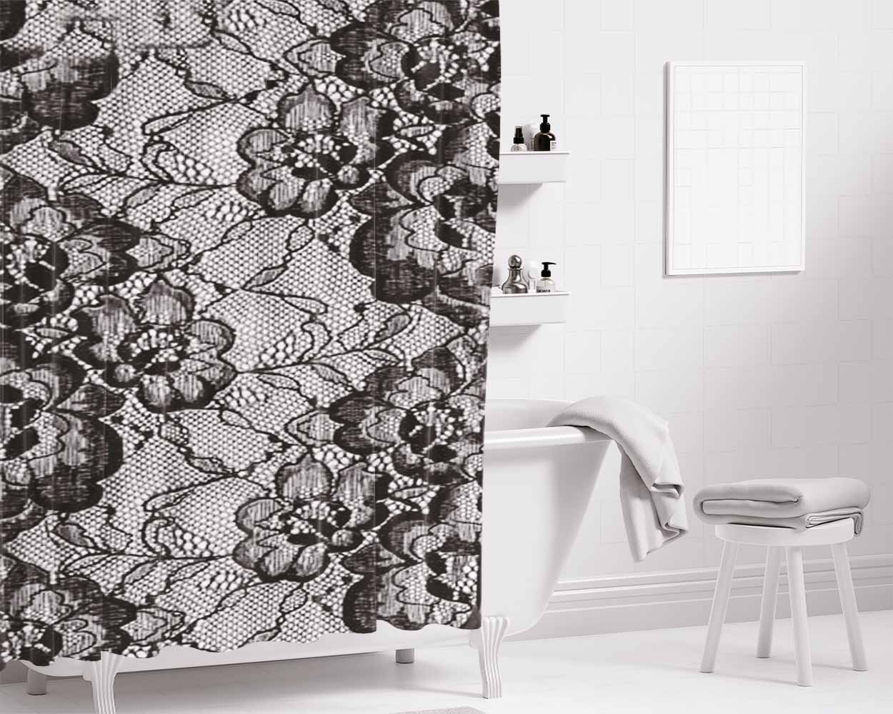 Black & White Floral Lace Bathroom Shower Curtain Fabric Waterproof | 66 X 72 Inch