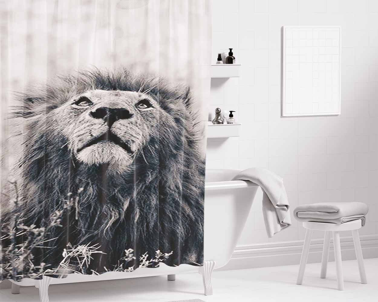 Black And White Lion Bathroom Shower Curtain Fabric Waterproof | 66 X 72 Inch