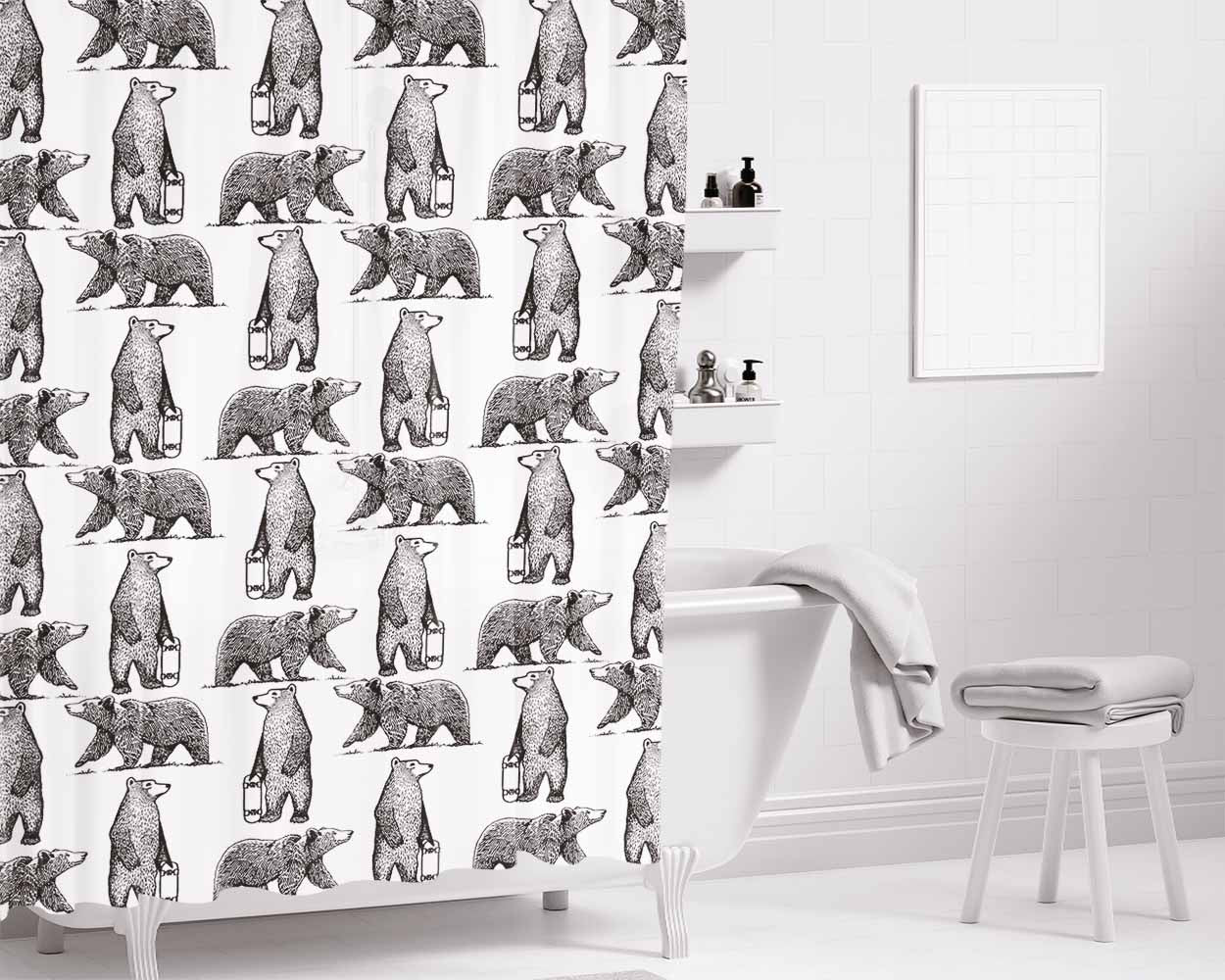 Black And White Skate Bear Illustrations Pattern Bathroom Shower Curtain Fabric Waterproof | 66 X 72 Inch