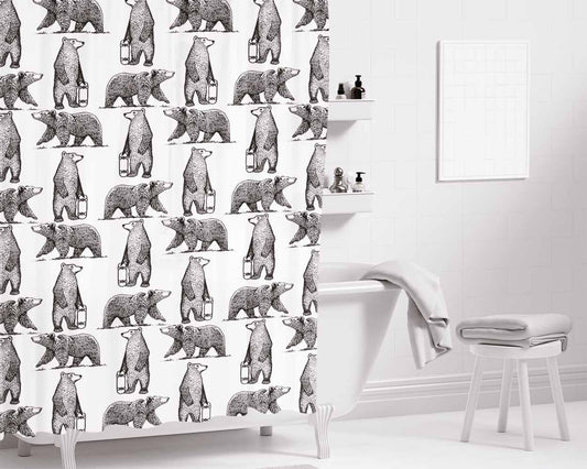 Black And White Skate Bear Illustrations Pattern Bathroom Shower Curtain Fabric Waterproof | 66 X 72 Inch