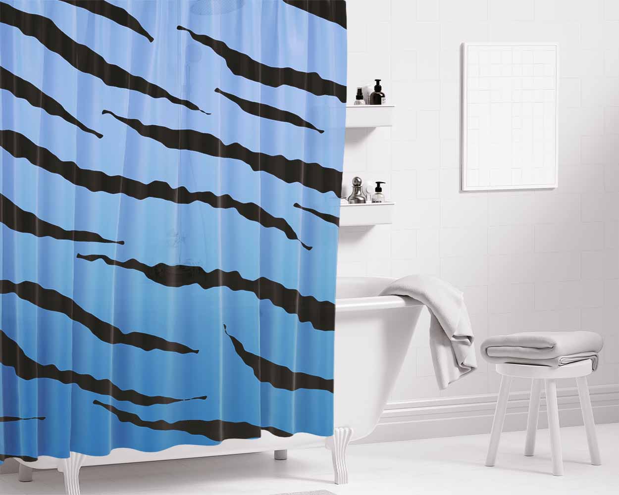 Black Blue Gradient Tiger Skin Texture Nature Pattern Bathroom Shower Curtain Fabric Waterproof | 66 X 72 Inch